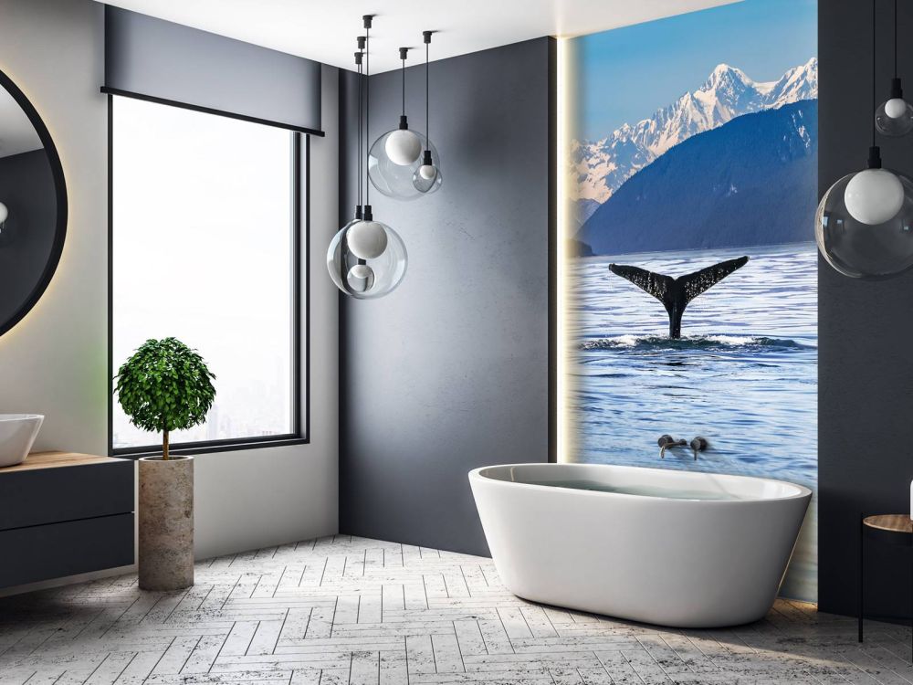 Duikende walvis met bergen op de achtergrond
