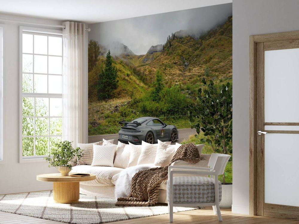 Sportwagen door bergmist