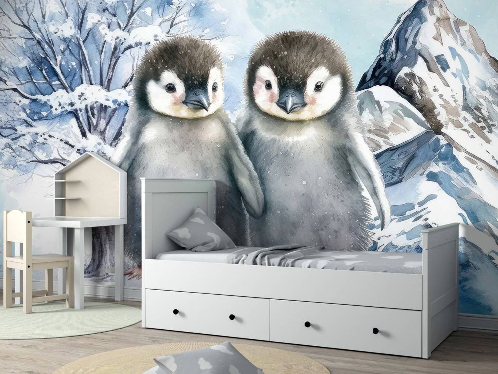 Schattige pinguïns in winterlandschap