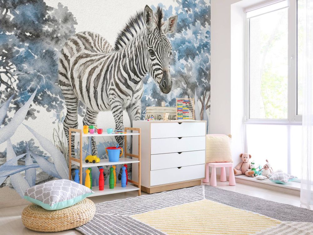 Jonge zebra in de natuur blauw