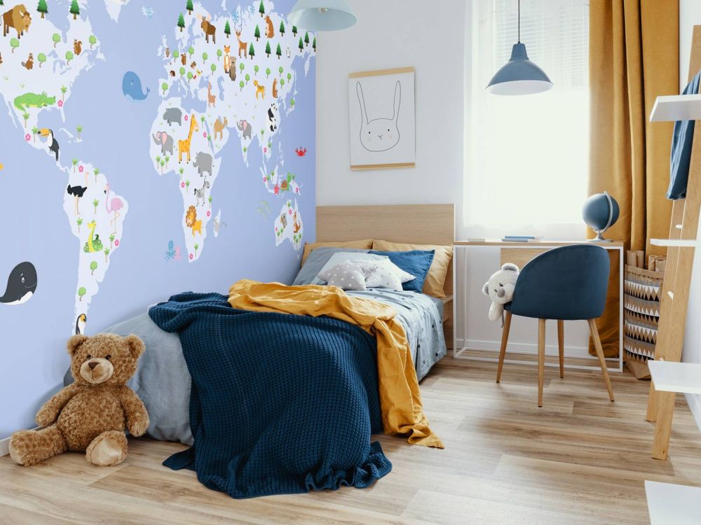 Wereldkaart voor kinderen met blauwe achtergrond