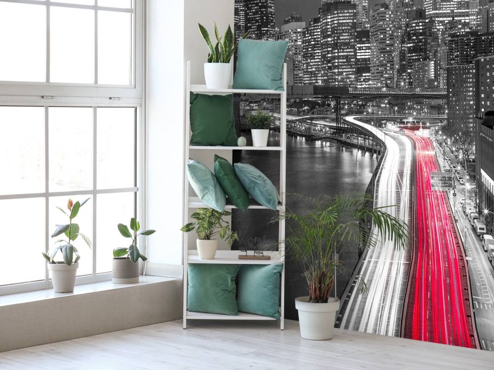 Strip lights on streets of Manhattan by east river, New York