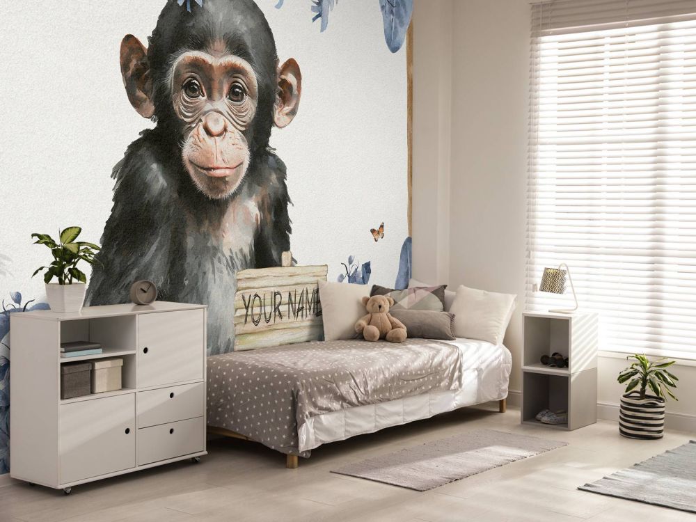 Baby chimpansee in de jungle blauw