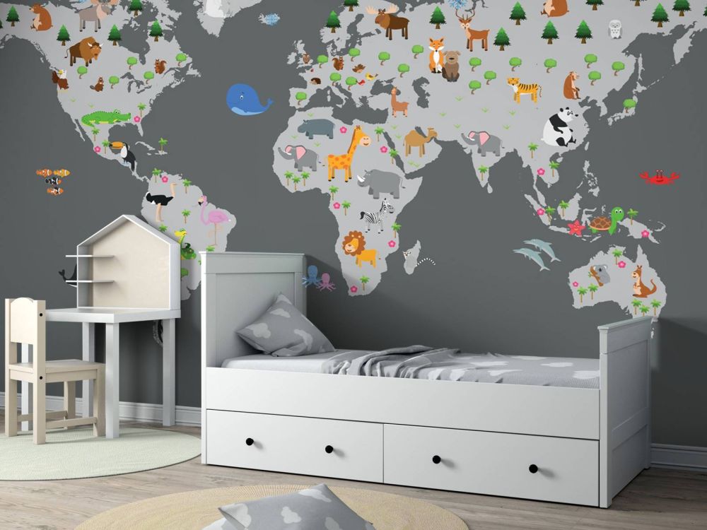 Wereldkaart voor kinderen met grijze achtergrond