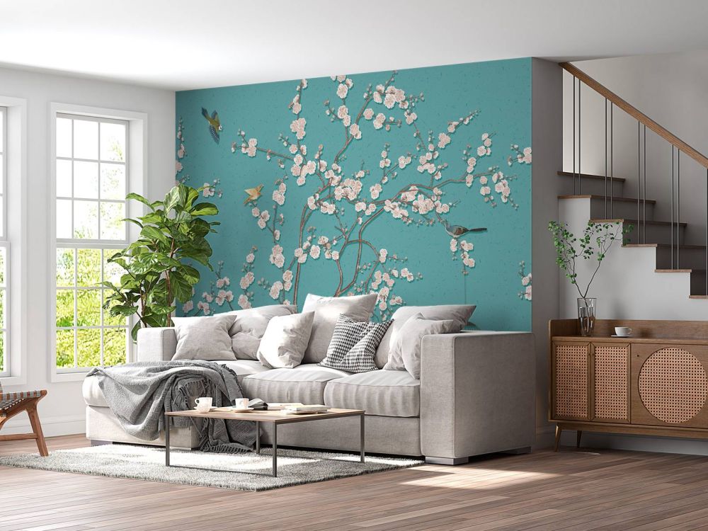 Getekende bloesemboom met vogels