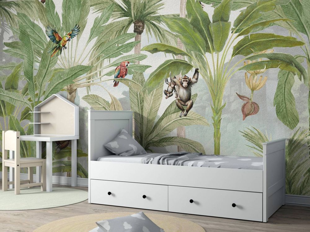 Jungle met apen en papegaaien in kleur