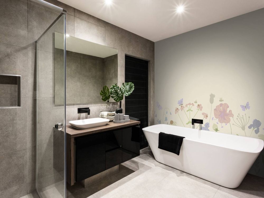 Bloemenveld met vlinders beige, oud roze, groen en lila