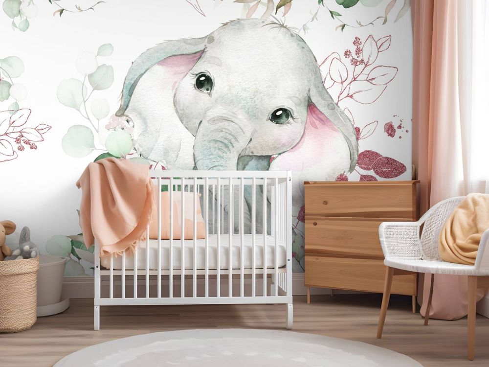 Olifantenbaby met munt en roze bladeren
