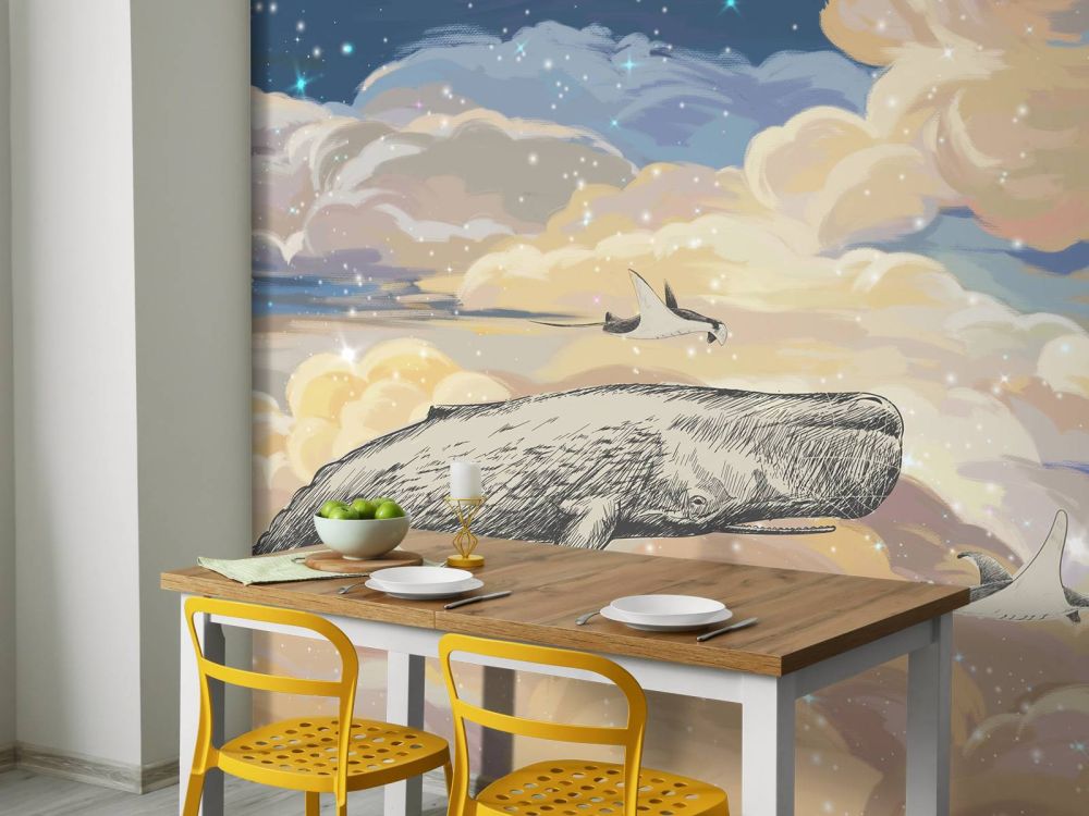 Zwemmende walvis door de wolken