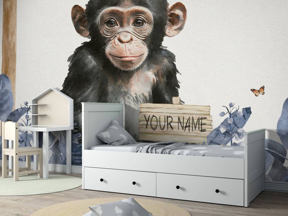 Baby chimpansee in de jungle blauw