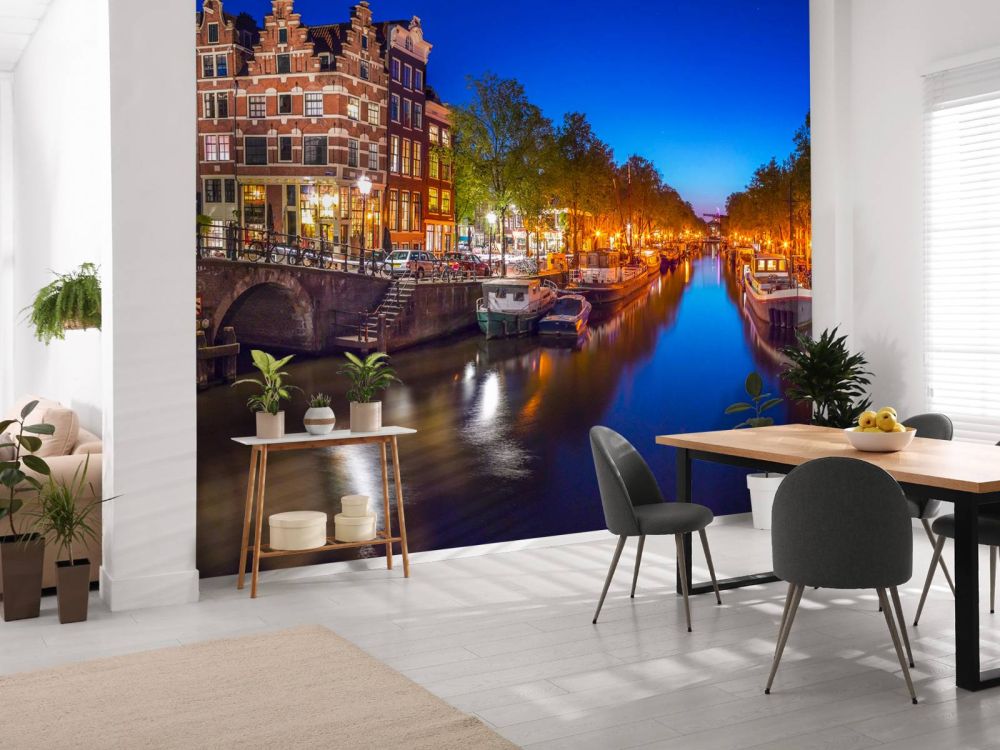 Evening view of Amsterdam city and canals