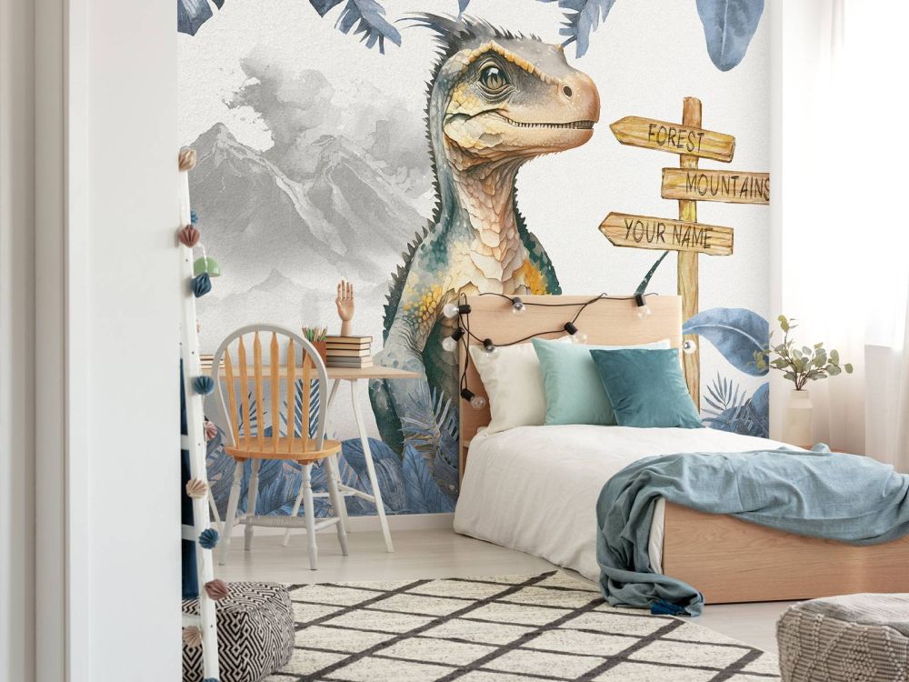 Baby velociraptor in de jungle blauw