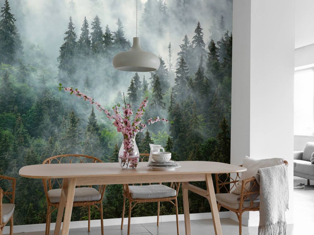 Mistig landschap met groene bomen