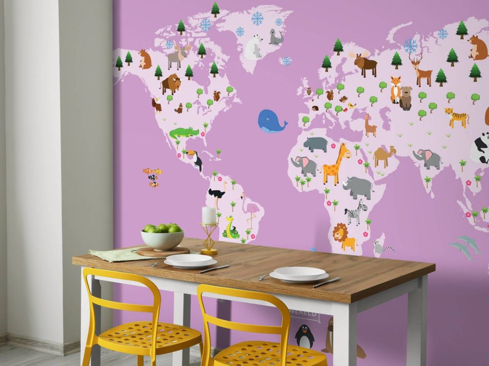 Wereldkaart voor kinderen met roze achtergrond