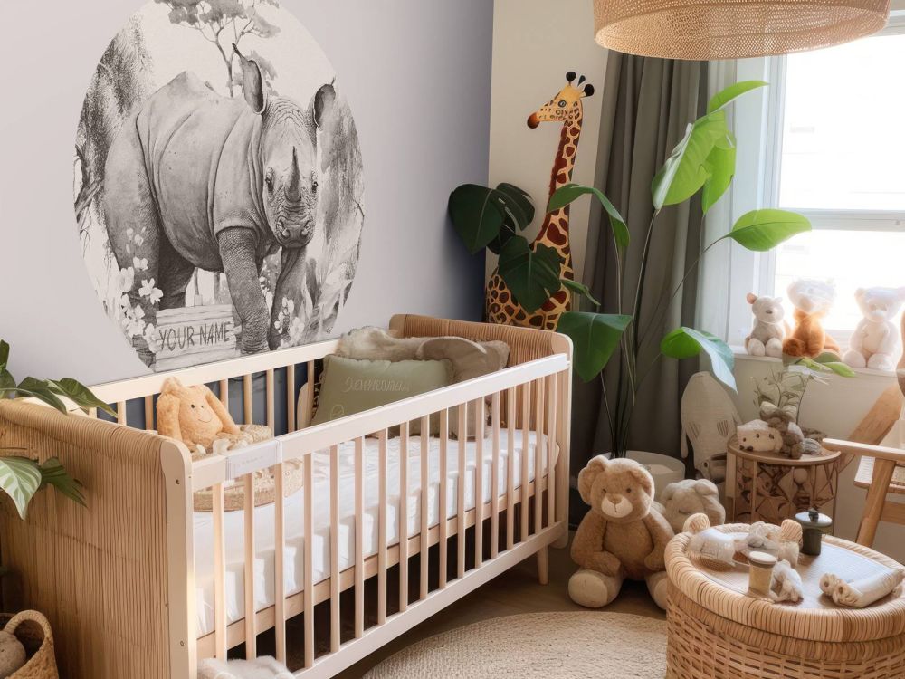 Baby neushoorn op de savanne beige