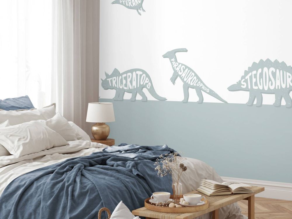 Dino's met tekst in blauw