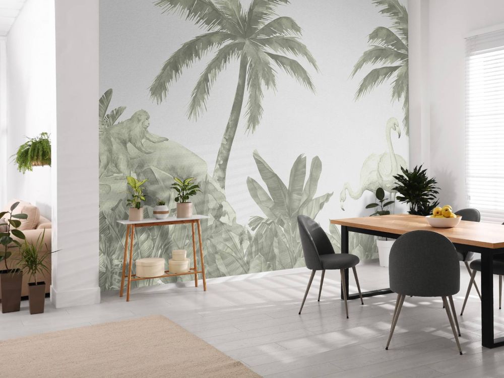Apen en flamingo's in groen
