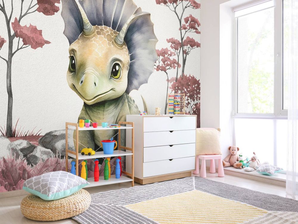 Baby triceratops in de jungle roze