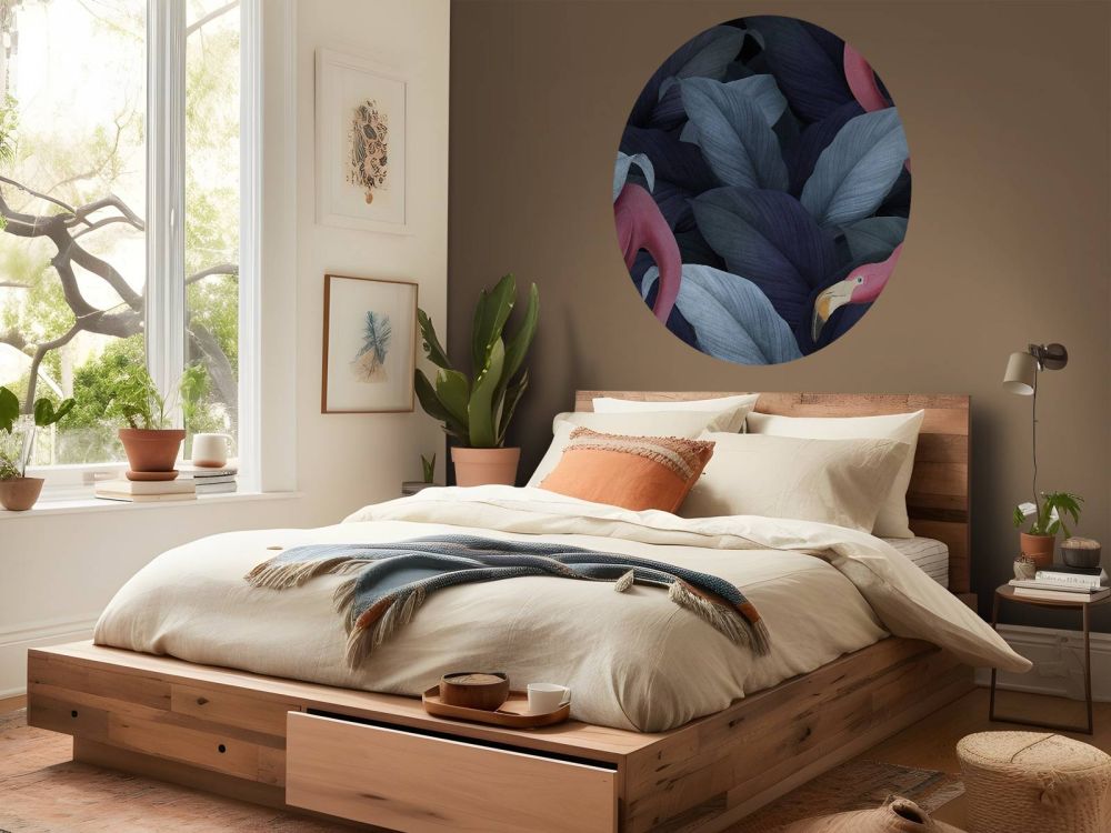 Flamingo's met bladeren