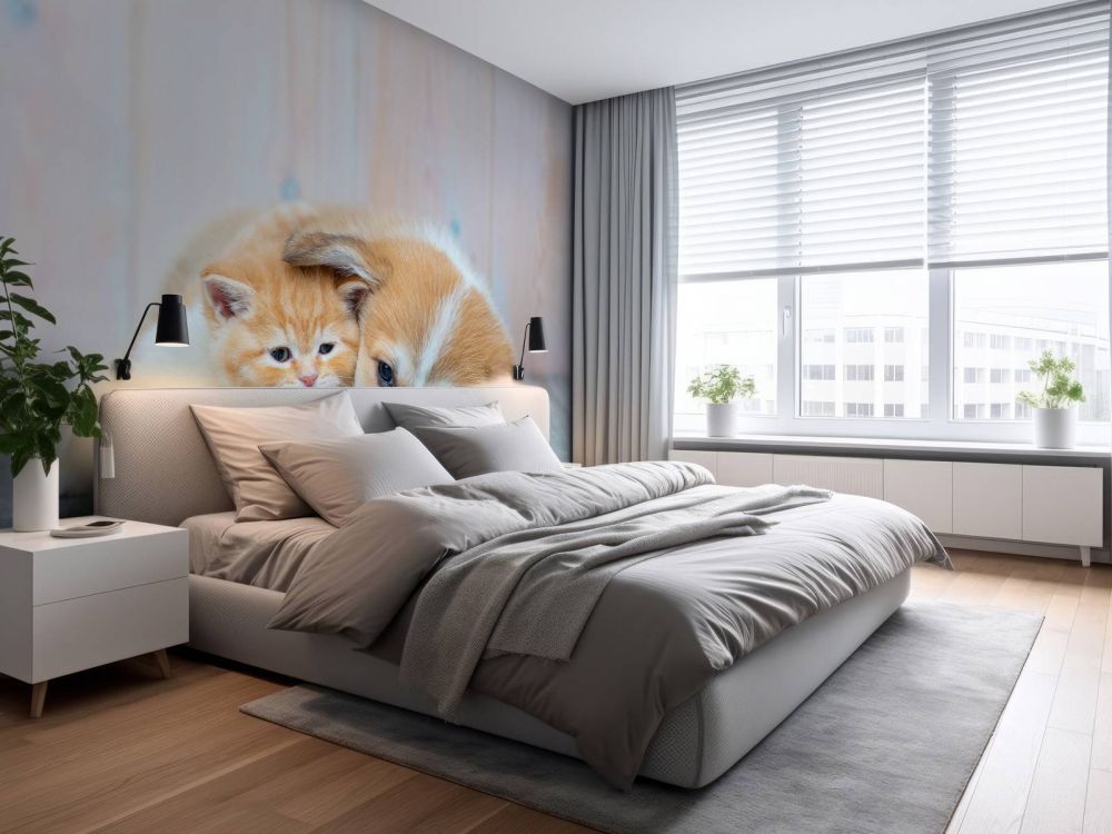 Poezen behang. Foto van een poesje en puppy.