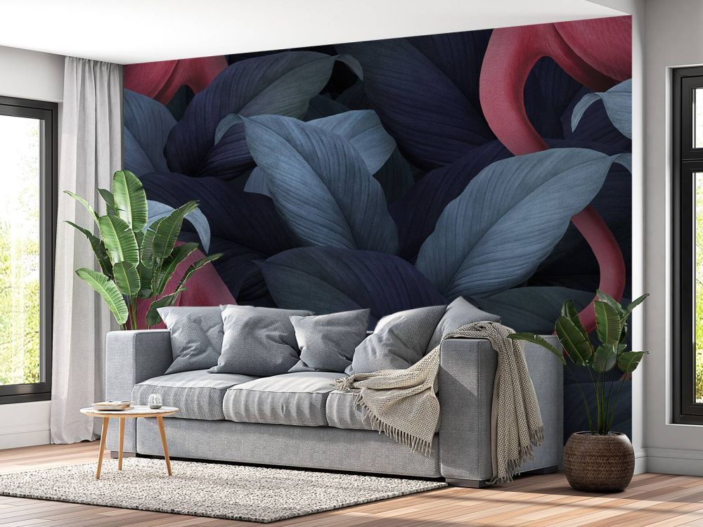 Flamingo's met bladeren