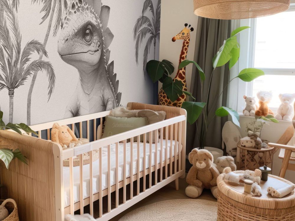 Baby stegosaurus in de jungle beige