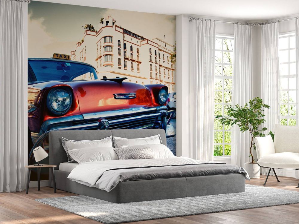 Behang met een rode klassieke auto