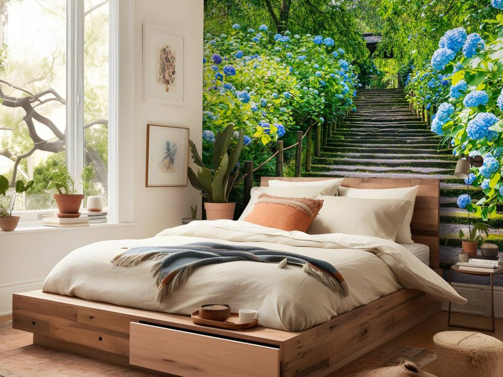 Trap tussen hortensia's