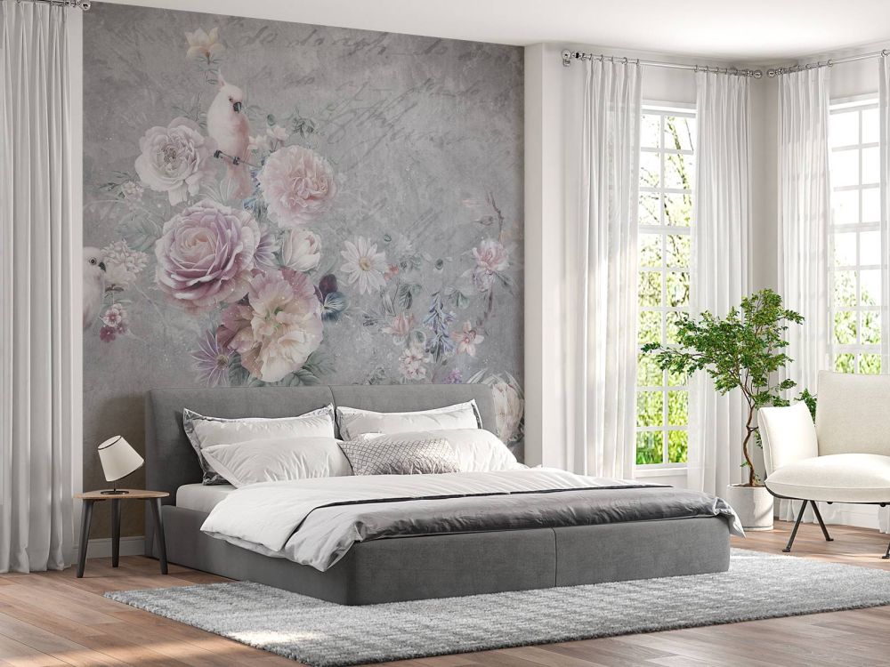 Papegaaien tussen bloemen