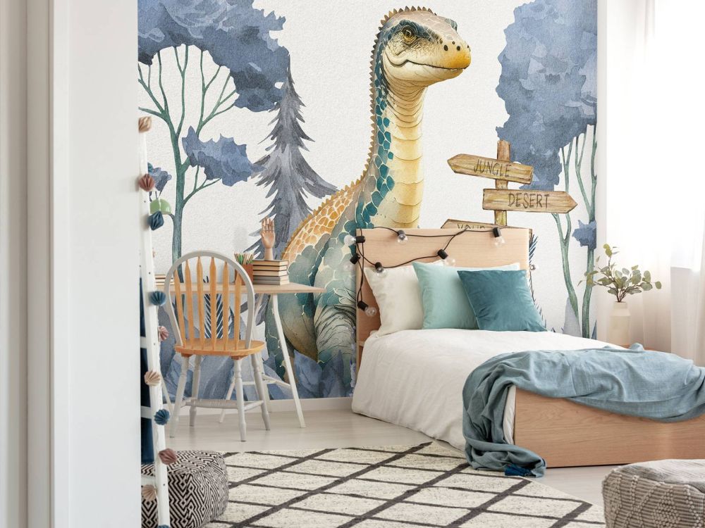 Baby brachiosaurus in de jungle blauw